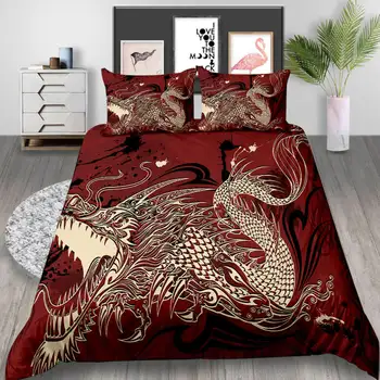 Thumbedding Červená posteľná bielizeň Nastaviť King Size Perinu Nastaviť Kráľovná Golden Dragon Mäkké Dotyku Materiálu Posteľ Kryt s obliečka na Vankúš 3ks