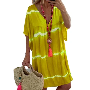Tie dye Voľné Boho Plážové Šaty Letné Ženy Nadrozmerné Bežné Prúžok Tlače Šaty, Krátky Rukáv 2020 Nové Hotsale Žena Sundress