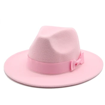 Tiež splstené klobúky ženy muži pevné široký okraj bowknot páse s nástrojmi kapela zimné klobúk ženy elegantné fascinator šaty formálne pink white hat, fedora