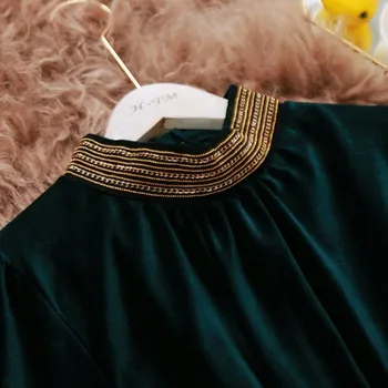 Tmavo Zelenej Zamatovej Módne Šaty Elegantné Vintage Koleno Dĺžke Dlhé Rukávy Ženy Sukne S Zlata Krku Lady Šaty NW109