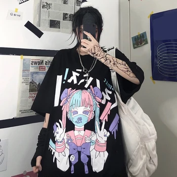 Tmavé Goth Štýl Krátky Rukáv Konektor Hip Hop dámske Tričko 2021 Jar Leto Harajuku Anime Tlač Voľné E Dievča Top Kawaii