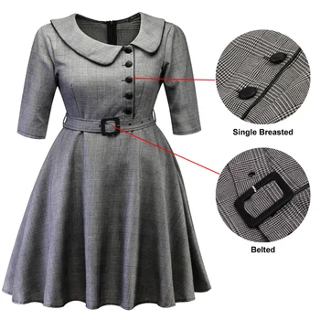 Tonval Plus Veľkosť Vintage Oblečenie Koberčeky Bežné Ženy Office Lady Tlačidlo Dopredu Šaty 2019 Elegantné Belted Retro Šaty