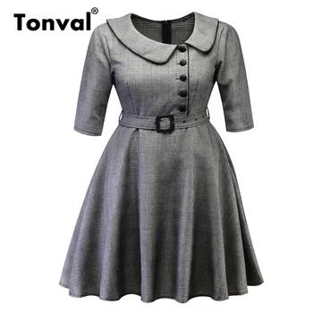 Tonval Plus Veľkosť Vintage Oblečenie Koberčeky Bežné Ženy Office Lady Tlačidlo Dopredu Šaty 2019 Elegantné Belted Retro Šaty