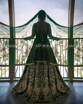 Tradičné Dva Kusy Zelený Indiánsky Svadobné Šaty so Závojom 2021 Čipky Korálkové arabčina Dubaj Svadobné Šaty vestido de noiva
