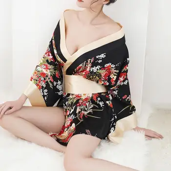 Tradičné Značky Ženy Japonské Kimono Sleepwear Sexy Hlboké V-neck Kimono Satin Kvetinový Vytlačené Odev Krátky Kúpeľ Župan пижама
