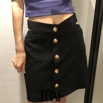 TRAF Ženy Elegantný Módy S Kovové Gombíky, Mini Sukne Vintage Vysoký Pás Strane Duté Sa Ženské Sukne Mujer