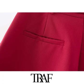 TRAF Ženy Módy S Zviazaný Priamo Červené Nohavice Vintage Vysoký Pás Zips Lietať Žena Členok Nohavice Mujer