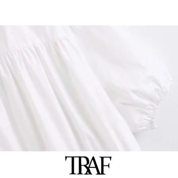 TRAF Ženy Sladké Módne Rozstrapatené Biele Mini Šaty Vintage Klope Golier Lístkového Rukáv Ženské Šaty Elegantné Vestidos Mujer