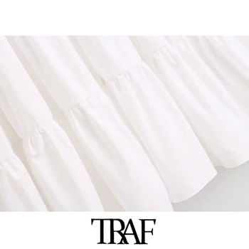 TRAF Ženy Sladké Módne Rozstrapatené Biele Mini Šaty Vintage Klope Golier Lístkového Rukáv Ženské Šaty Elegantné Vestidos Mujer