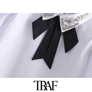 TRAF Ženy Sladké Módne Šperky Appliques Biele Blúzky Vintage motýlik Golier Lístkového Rukáv Ženské Košele Elegantné Topy