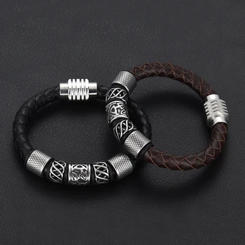 Trendy Mužov Brown / Black Tkané Kožený Náramok s 316L Nehrdzavejúcej Ocele Viking Korálky Muž Magnet Spona Pletená Náramok Šperky