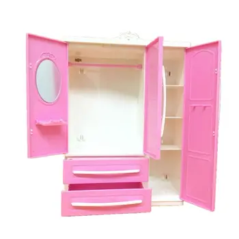 Tri-dvere Ružová Moderný Šatník Hrať sada pre Barbi Nábytok Môžete Dať Obuv Oblečenie Príslušenstvo s Toaletný Zrkadlo Dievčatá, Hračky