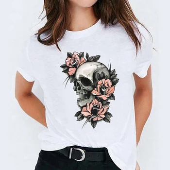 Tričko pre Ženy Kvetinový Lebky Kvet Mujer Camisetas Halloween Tlač Lady T-shirts Ženský Čaj Top Dámske Grafické T-Shirt