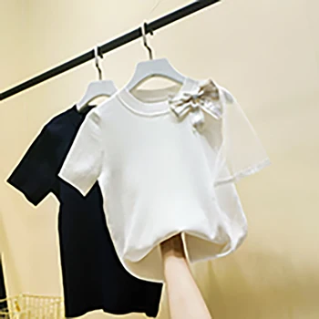 Tričko Ženy Black Kintted Bavlna Žena Tshirts Luk Tylu Slim Basic kórejský O Krk Krátke Sleeve Tee Tričko 2020 dámske tričká