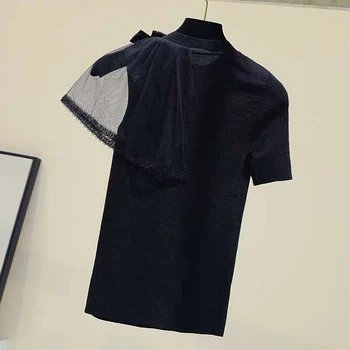 Tričko Ženy Black Kintted Bavlna Žena Tshirts Luk Tylu Slim Basic kórejský O Krk Krátke Sleeve Tee Tričko 2020 dámske tričká