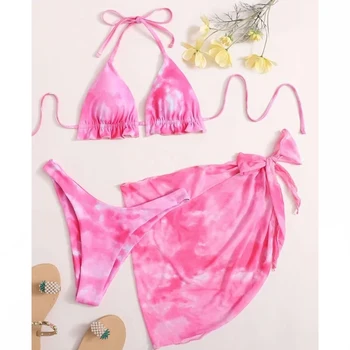 Trojuholník tie dye bikini set 3 ks dámske plavky s sukne High cut sexy bikiny 2020 plavky s uväzovaním za Prehrabať plavky