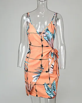 Tropické Tlače Tvaru Zábal Bežné Šaty Žien Špagety Popruh Backless Mini Letné Šaty Holiday Beach Šaty