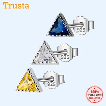 Trusta 925 Sterling Silver Módne Náušnice Žltý/Biely/Modrý Kameň Trojuholník Stud Náušnice Darček pre Školy, Dievčatá, Deti DS1502
