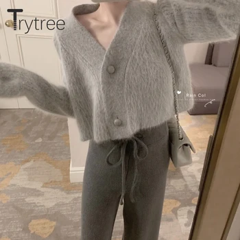 Trytree 2020 Jeseň Žena Bežné Sveter Pevné V-neck Singel svojim Cardigan Žien Jemný Mohair Sveter Krátky Pletený Kabát
