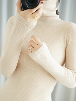 Turtleneck svetre žien dlhým rukávom tenký úplet, pulóvre jeseň zima vlna krátke topy