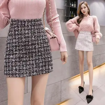 Tweed Pol-dĺžka Sukne pre Ženy Na Jeseň Jar Roku 2020 Nový kórejský Biela Čierna Elegantné Krátke Sukne s Vysokým Pásom Hip G1876