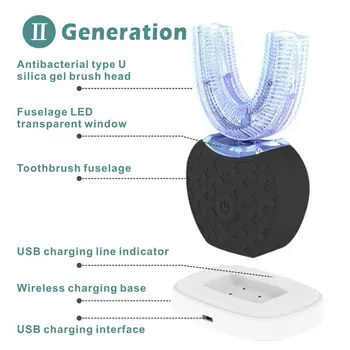 Ultrazvukové U Shape 360 Stupňov, Inteligentný Automatický Sonická Elektrická zubná Kefka 4 Režimy Časovač Modré Svetlo USB Nabíjateľné