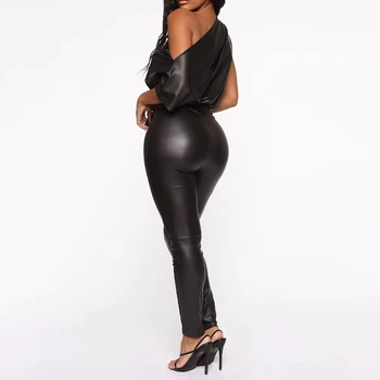 Umelé PU Kožené Jedného Pleca Žien S Pásom Kombinézach Sexy Čierne Bodycon Žena Jumpsuit 2021 Streetwear Módy Lady Romper
