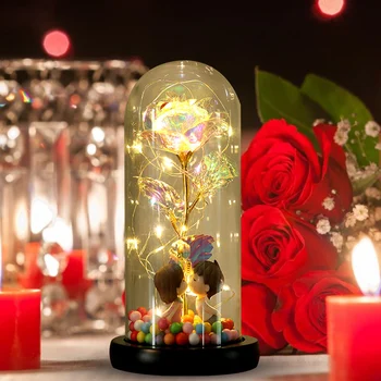 Umelé Večný Rose S LED Svetlom Krásy Šelmy Rose V Sklenených Vianočných Domova Pre Valentines Day Vianočné Darčeky
