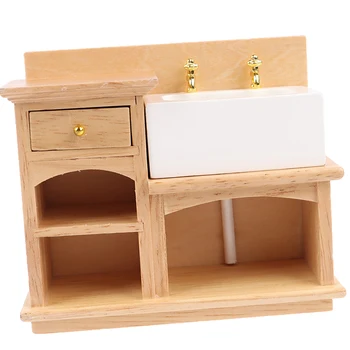 Umývadlo Kabinet Strane Umývadlo, Nábytok pre Dollhouse Kúpeľňa alebo Kuchyňa Dekorácie 1/12 Miniatúrne Drevené s Keramickou
