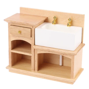 Umývadlo Kabinet Strane Umývadlo, Nábytok pre Dollhouse Kúpeľňa alebo Kuchyňa Dekorácie 1/12 Miniatúrne Drevené s Keramickou