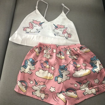Unicorn Pyžamá pre Ženy Hodváb Sexy Pijamas Dievčatá Sleepwear Satin Domov Vyhovovali Letné Pyžamo V Krku 2020