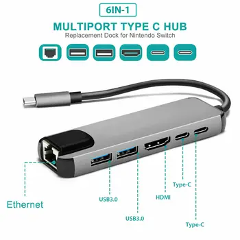 USB 3.1 HUB Typ C, HDMI, rj45 PD USB 3.0 Multi Adaptér Dock Príslušenstvo Typ C Splitter 6 Port HUB pre MacBook Pro