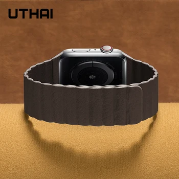 UTHAI B09 Kožené slučky popruh watchband Pre iWatch 3/2/1 38mm 42mm Magnetické slučky Pre Apple Hodinky kapela 40 mm 44 mm Pre iWatch 4/5