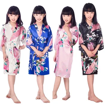 V lete kvalitné Saténové Deti Kimono Šaty Bridesmaid, Kvetina Dievča Šaty z Hodvábu detský župan Nightgown Kimono 010609