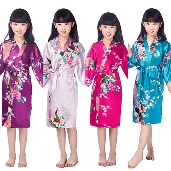 V lete kvalitné Saténové Deti Kimono Šaty Bridesmaid, Kvetina Dievča Šaty z Hodvábu detský župan Nightgown Kimono 010609