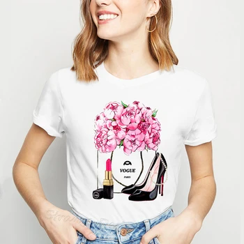 V Lete Roku 2019 Móde Ružová Vysoké Podpätky Parfum Kvety Taška Print T Shirt Ženy Tenký Moderný Bedrový Harajuk Topy Tee Tričko Femme
