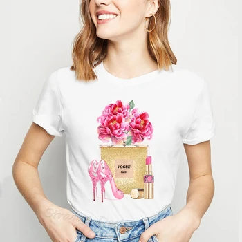 V Lete Roku 2019 Móde Ružová Vysoké Podpätky Parfum Kvety Taška Print T Shirt Ženy Tenký Moderný Bedrový Harajuk Topy Tee Tričko Femme