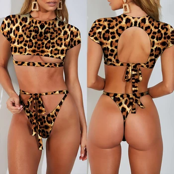 V-X Sexy vysoká krku bikini 2019 Leopard tlač plavky žena plodín top High cut bikini Push up plavky ženy plavky plávať