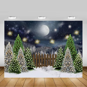 V Zime Sneh Vianočné Pozadí Hviezdnej Oblohy Borovicovom Lese Veľký Mesiac Pozadí Novorodenca Sprcha Narodeniny Portrét Photocall