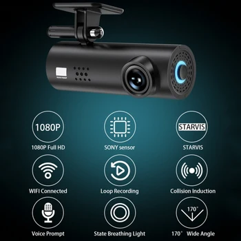 V48 Pro Dash Cam Auta DVR Kamera Wifi APP & anglický Hlas Vyzve 1080P HD Nočné Videnie G-senzor Video Rekordér pre Android IOS