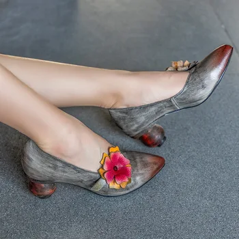 VALLU Jar roku 2020 nový kvet ručne vyrábané kožené jeden špicaté topánky retro hrubé vysoké podpätky dámske topánky