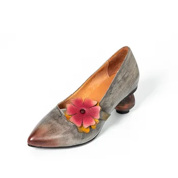 VALLU Jar roku 2020 nový kvet ručne vyrábané kožené jeden špicaté topánky retro hrubé vysoké podpätky dámske topánky