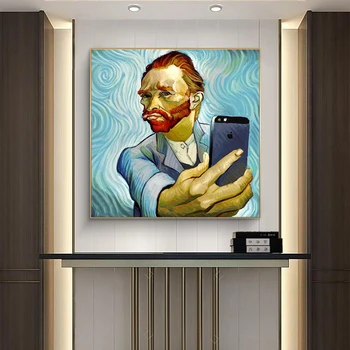 Van Gogh Selfie telefonicky Zábavné Plátne Obrazy Abstraktné Wall Art Plagáty A Vytlačí Portrét Van Gogh Obrázky Domova