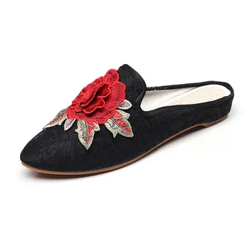 Veowalk Ručné 3D Kvety Výšivky Ženy Ukázal Prst Bavlna Tkaných Papuče Vintage Dámy Pohodlie Čínsky Vyšívané Topánky