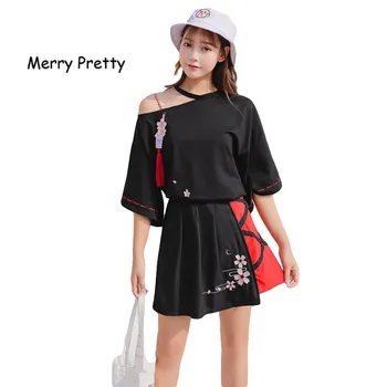 Veselé Celkom Japonskom Štýle vtipné tričko ženy kvetinové výšivky mimo ramenný asymmertric t-shirt bavlna sladké čierne tričko dievčatá