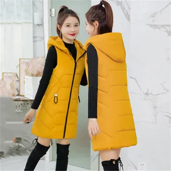 Vesta Ženy 2020 Jeseň Zima kórejský Módne Slim Plus Veľkosť s Kapucňou Dole Bavlna Coats Červené Žlté Vesty bez Rukávov Feminina CX1320