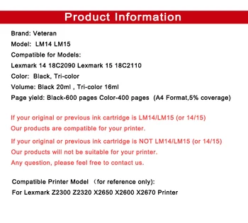 Veterán pre Lexmark 14 15 Black & Farebné Atramentové Kazety pre Lexmark 14 15 Pre Lexmark Z2300 Z2320 X2650 X2600 X2670 Tlačiareň