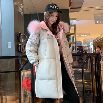 Vetrovka s kapucňou dlhý 2020 hrubé zimné bundy ženy s kožušiny golier list tlač slim kórejský štýl zips sobretudo feminino