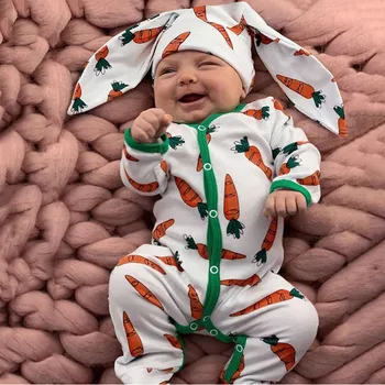 Veľkonočný Zajačik Novorodenca Oblečenie Jumpsuit Romper Cartoon Mrkva Tlač Romper+Rrabbit Uši Čiapočku Dojčenské Oblečenie Set Kostým