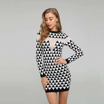 Veľkoobchod 2020 Nové ženské šaty Čiernej a bielej žakárové Dlhý rukáv fashion celebrity koktail party obväz šaty